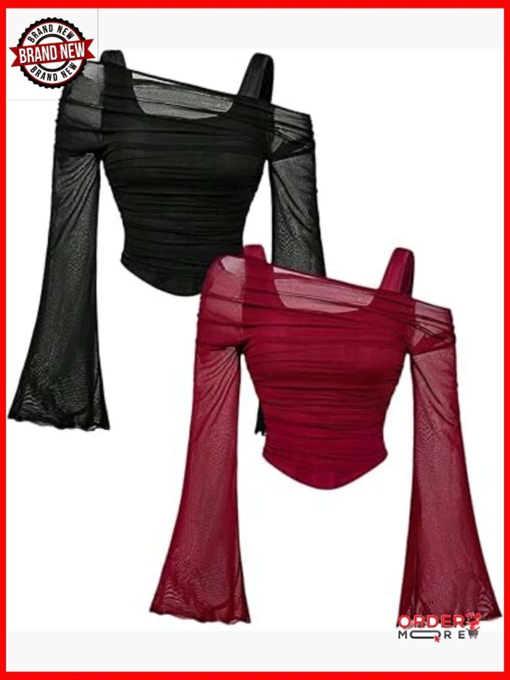 2 Pack Long Bell Sleeve 2 in 1 Mesh Crop Tops Off Shoulder